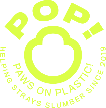 Paws on Plastic Pawprint Logo: POP! Helping Strays Slumber Since 2019